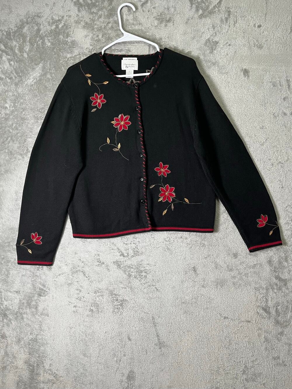 Vintage Hand Embroidered Floral Knit Button Cardigan Sweater Grandmacore Cottage